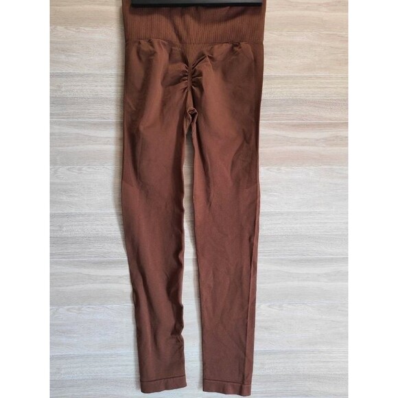 Rust Ribbed Leggings XS High Waist Ruched Back Stretchy Athleisure Pants - Picture 3 of 7